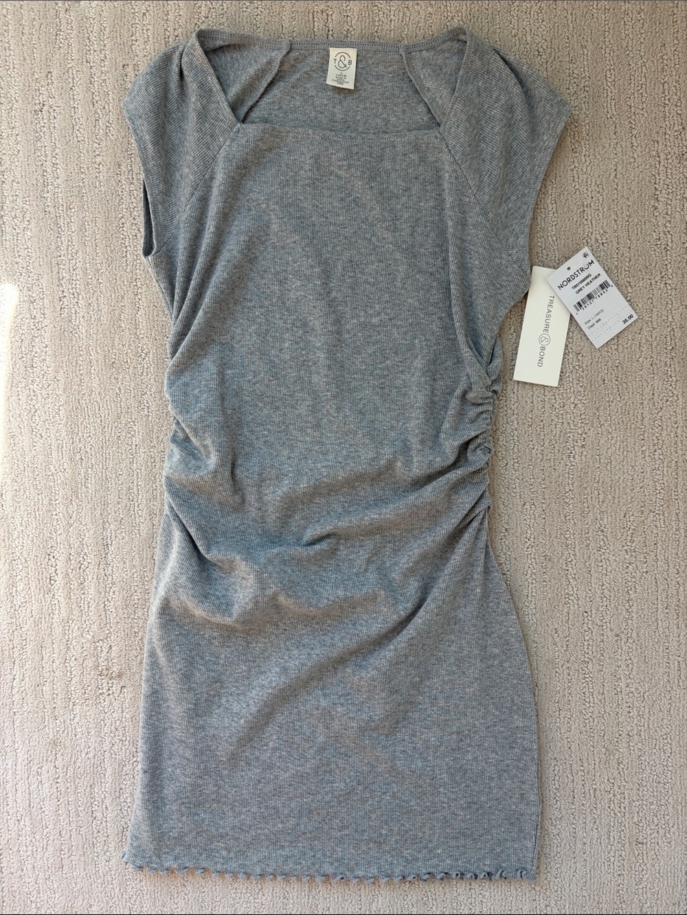 NEW Treasure & Bind Grey Ruched Cap-Sleeve Mini Dress